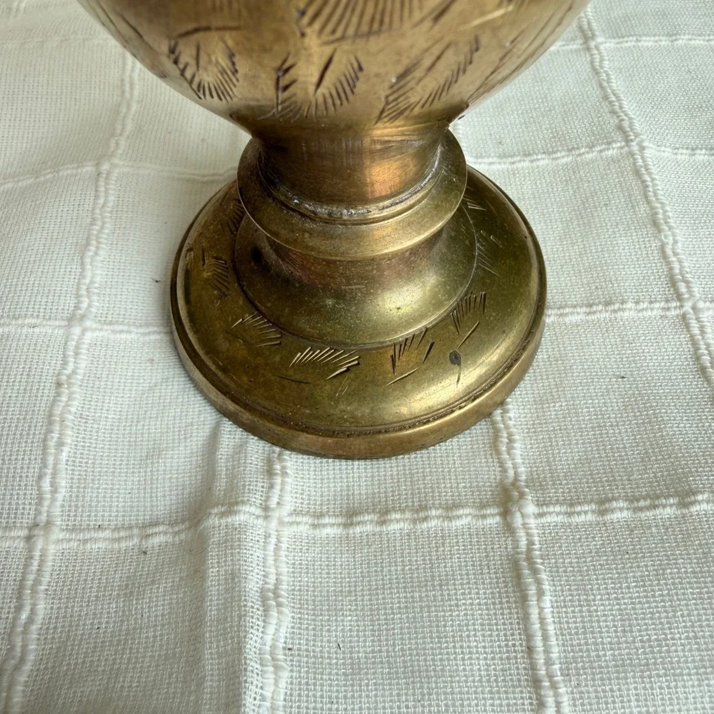Vintage Hand Etched Brass Bud Vase Made in India Floral Pattern 7.5 Inch Gold